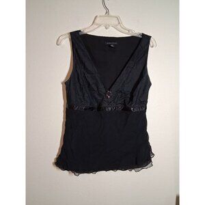 Kenneth Cole Silk Blouse Business Casual Sexy Low Cut V Neck Broach Black Sz 10